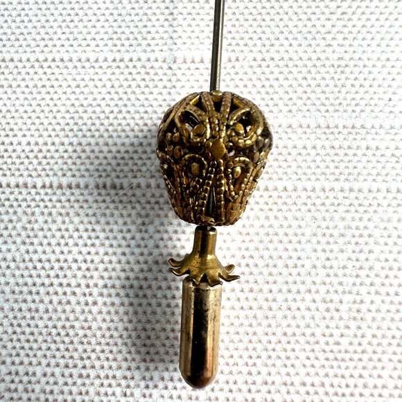 Carved Bone Elephant Hat Pin Amber Rhinestone Accent - Picture 5 of 15